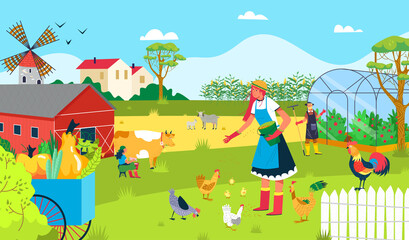 Agriculture farm plant, people work in nature garden vector illustration. Cartoon gardener, farmer and rural natural animal. Woman man character farming at field, village worker at farmland.