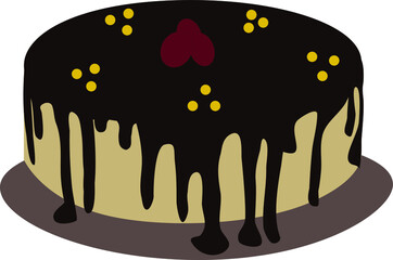 Chocolate icing cake with red cherries, yellow balls. Cream cake decoration vector illustration.