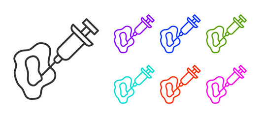 Black line GMO syringe icon isolated on white background. Genetically modified organism acronym. Dna food modification. Set icons colorful. Vector.