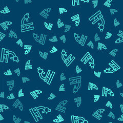 Green line Microscope icon isolated seamless pattern on blue background. Chemistry, pharmaceutical instrument, microbiology magnifying tool. Vector.