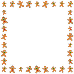 Christmas frame with gingerbread man. Xmas border with cartoon smiling cookies. Vector pattern with copy space. Blank background with holiday character.