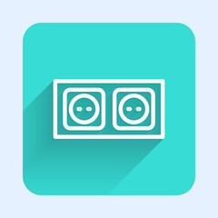 White line Electrical outlet icon isolated with long shadow. Power socket. Rosette symbol. Green square button. Vector.