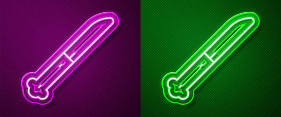 Glowing neon line Knife icon isolated on purple and green background. Cutlery symbol. Vector.
