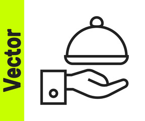 Black line Covered with a tray of food icon isolated on white background. Tray and lid sign. Restaurant cloche with lid. Vector.