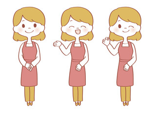 エプロンの女性　セット／赤ベース