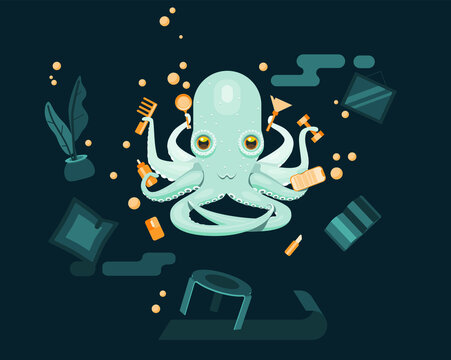 illustration of a multitask octopus in the water house