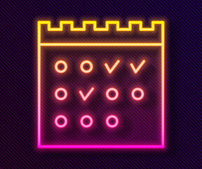 Glowing neon line Hotel booking calendar icon isolated on black background. Vector.