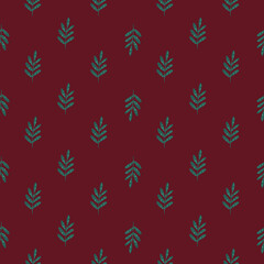 Green colored foliage ornament seamless pattern. Doodle diagonal ornament with maroon background.