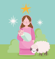 nativity, manger cute holy mary with baby in hands and lamb cartoon