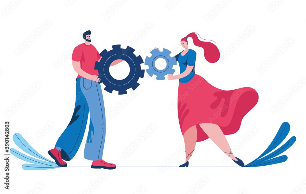 Poster a young man and a girl connect parts of the mechanism. concept of a vector illustration in a flat st
