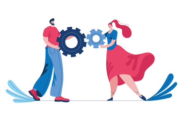 A young man and a girl connect parts of the mechanism. Concept of a vector illustration in a flat style on the theme of teamwork and joint solutions.