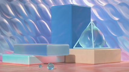 Minimal 3D design geometric shapes render stage frontal scene. Dark and light blue, pink, glass colors scene