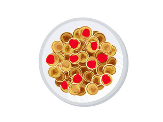 Mini pancake flakes with butter and Raspberry for breakfast on the table. Tiny pancakes, a new food trend during isolation from Covid-19. A cute healthy breakfast or snack. Recipe, menu. View from abo