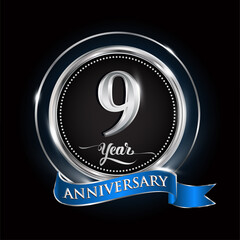 Celebrating 9th years anniversary logo. with silver ring and blue ribbon.