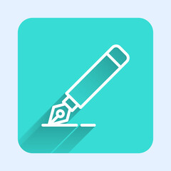 White line Fountain pen nib icon isolated with long shadow. Pen tool sign. Green square button. Vector.