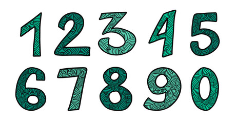 Set of ten digits. Hand drawn in doodle style. Beautiful numeral.  - Vector