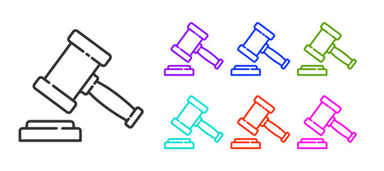 Obraz premium Black line Judge gavel icon isolated on white background. Gavel for adjudication of sentences and bills, court, justice. Auction hammer. Set icons colorful. Vector.