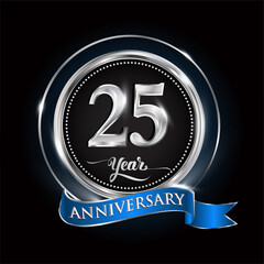 Celebrating 25th years anniversary logo. with silver ring and blue ribbon.