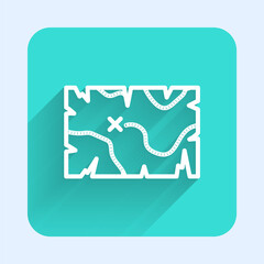 White line Pirate treasure map icon isolated with long shadow. Green square button. Vector.