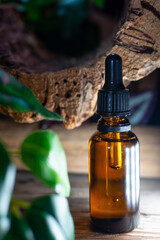 Essential oil in glass bottle on nature background