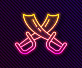 Fototapeta premium Glowing neon line Crossed pirate swords icon isolated on black background. Sabre sign. Vector.