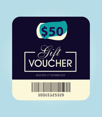 gift voucher, fifty dollar gift voucher illustration, 50$, gift card template with gift icon, green color