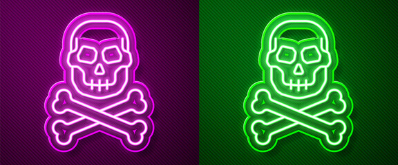 Glowing neon line Skull on crossbones icon isolated on purple and green background. Happy Halloween party. Vector.