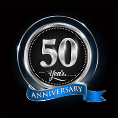 Celebrating 50th years anniversary logo. with silver ring and blue ribbon.