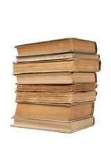 Big stack of old books on white background