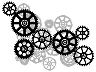 Cogwheel Gear Mechanism.
Black silhouette gears on a white background. Vector illustration.