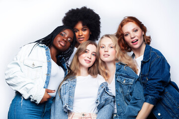 diverse multi nation girls group, teenage friends company cheerful having fun, happy smiling, cute posing isolated on white background, lifestyle people concept, african-american and caucasian