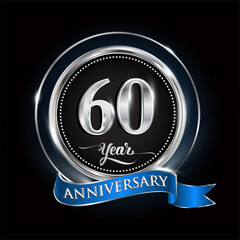 Celebrating 60th years anniversary logo. with silver ring and blue ribbon.
