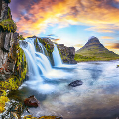 Fantastic view on Kirkjufellsfoss waterfall  near Kirkjufell mountain at sunset © pilat666
