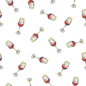 Seamless pattern of wineglasses with rosé wine, isolated on white. Watercolor illustration. For wallpaper, textile, wrapping paper, menu, cookbook, stationery and packaging design.