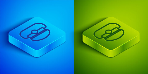 Isometric line Captain hat icon isolated on blue and green background. Square button. Vector.