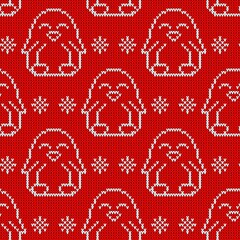 Seamless knitted pattern witn white penguin. Christmas print for wrapping papper, fabric and web.
