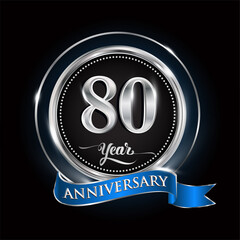 Celebrating 80th years anniversary logo. with silver ring and blue ribbon.