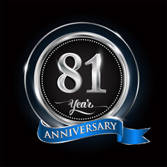 Fototapeta premium Celebrating 81st years anniversary logo. with silver ring and blue ribbon.