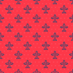 Blue line Plane icon isolated seamless pattern on red background. Flying airplane icon. Airliner sign. Vector.