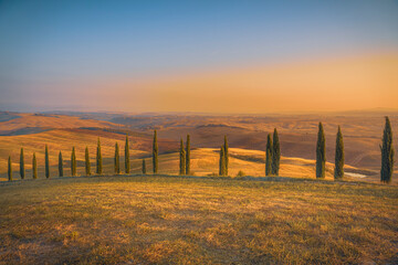 Summer morning with beautiful curved road and cypress trees rolling over the hills. Travel destination Tuscany, Italy
