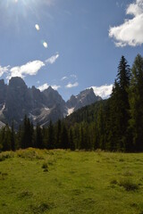 Hiking in the lush and dramatically beautiful Val di Fiemme and Passo Rollo in the Dolomites,...