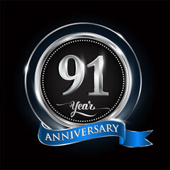 Celebrating 91st years anniversary logo. with silver ring and blue ribbon.