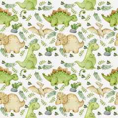 Fototapeta premium seamless pattern watercolor cute little dinosaurus background