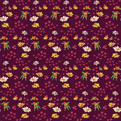 White and yellow flowers. Burgundy color background. Vector