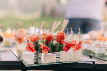 Various tasty and healthy snacks at the buffet before the wedding