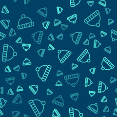 Green line Winter hat icon isolated seamless pattern on blue background. Vector.