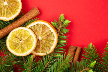 Dry orange slices with christmas tree branches and cinnamon sticks