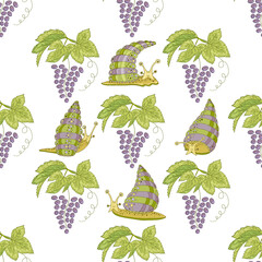 Seamless pattern with funny cartoon snails on the white background.