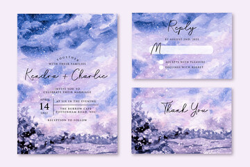wedding invitation set with dreamy winter watercolor background