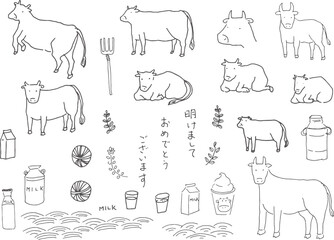 年賀状、手描きの牛のイラストセット